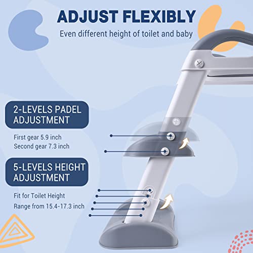 Babevy Potty Training Toddler Seat with Ladder, Double Step Potty Step Stool for Kids, Foldable Potty Toilet Seat with PU Cushion, 6-Leves Height and Wide Anti-Slip Pad for Baby Boys Girls, Light Grey