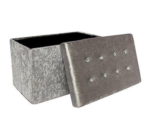 Stylish folding ottoman storage box in grey crushed velvet. Practical storage solution perfect for bedrooms & living rooms. Use as footrest, bedside, table, vanity unit, make up chair.