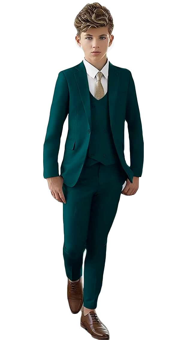 Botong Boys Teal 14T Slim Fit Peak Lapel Formal Suit Blazer Vest Pants Set for Wedding, Prom, Birthday Parties