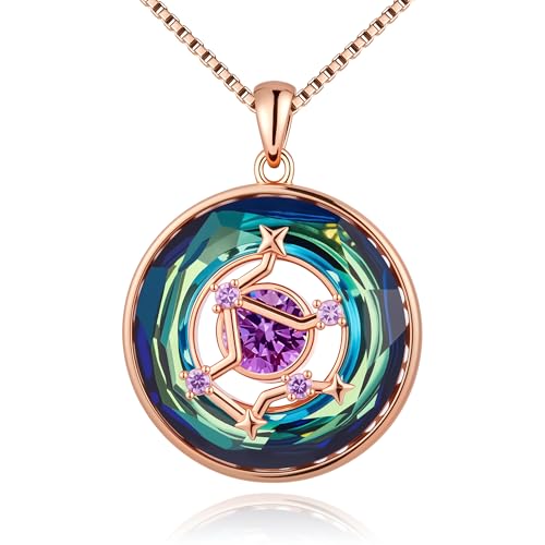 Distance Zodiac Constellation Birthstone Necklace for Women, S925 Sterling Silver Premium Austria Crystal Horoscope Pendant February Aquarius Necklace, Amethyst Jewelry Christmas Birthday Zodiac Gifts