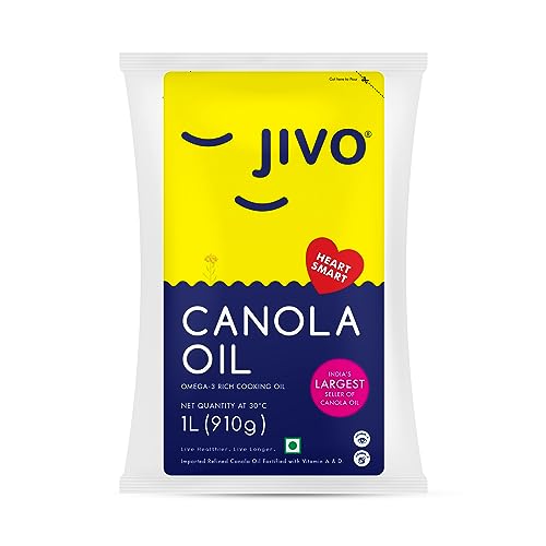 Image of JIVO Canola Oil 1 ltr Refined Pouch | Imported from Canada | MUFA-Rich, Low Saturated Fat Cooking Oil | Fortified with Vitamins A & D | Cholesterol-Free | Versatile Edible Oil | Ideal for Roasting, Frying, Baking & a Variety of Cuisines