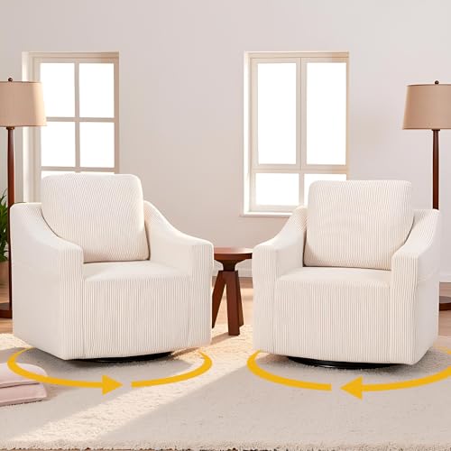 HOMREST 2-in-1 Swivel Sofa Chairs Set of 2,360° Rotating or Fixed Mode, All-Foam Oversized Swivel Single Sofa Chair, Reading Chair for Bedroom, Storage Pocket, Beige Corduroy Living Room Accent Chair