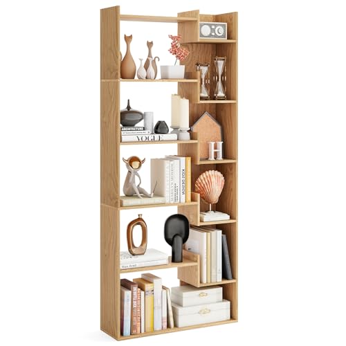 GOPLUS Librería de Madera de 6 Niveles, Estantería Alta con Sistema Antivuelco, Separador de Ambientes Independiente, Soporte de Exhibición para Dormitorio y Oficina (Natural)