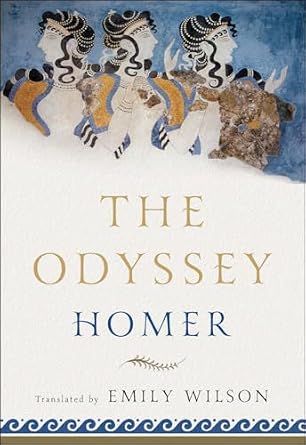 The Odyssey, by Homer, translated by Emily Wilson epic Homeric poem book cover depicting anciect Greek design of three women at the top and waves as a bottom border.