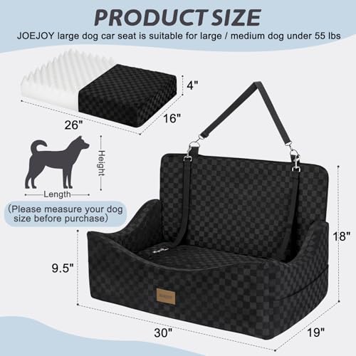 Image of JOEJOY Dog Car Seat for Medium /Large Dogs - Reversible Dual-Sided Travel Dog Car Bed with Memory Foam, Washable Pet Booster Seat for Do gs up to 55 lbs or 2 Small Dogs, 2 Safety Leashes, Black