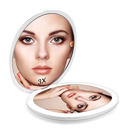 HAMSWAN Miroir Maquillage Grossissant 3X, Miroir Lumineux, Miroir de Poche Lumineux avec Grossissant 3X/1X et Éclairage Naturel, 9 cm de Diamètre, Compact et Portable pour Voyage, Blanc