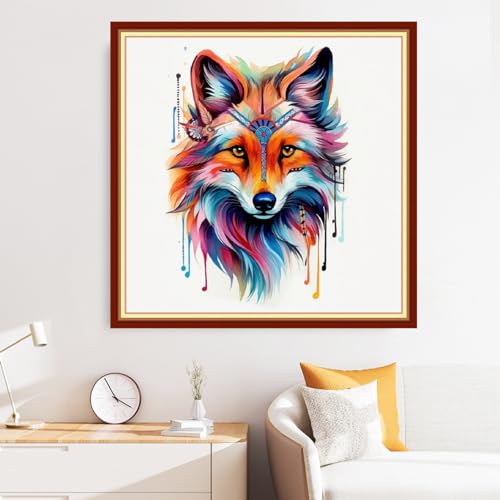 Image of Disxvivy Cross Stitch Stamped Full Embroidery Kits DIY 11CT Cotton Thread Printed DIY Needlepoint Kits Craft Needlework Set Cross-Stitch Stamped Sets- Rainbow Wolf 18x18 inch