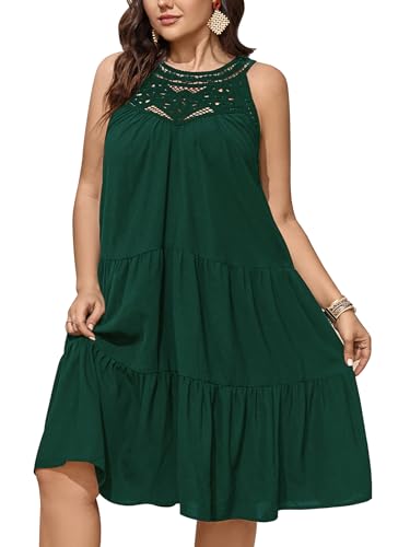 Image of SCOMCHIC Womens Plus Size Summer Hollow Out Halter Dresses Sleeveless A Line Tiered Swing Sundress Beach Vacation Mini Dress