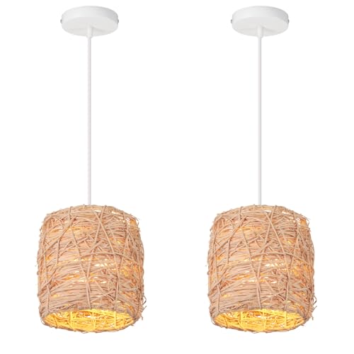 LIGKIN 2 Piezas Lámparas Colgantes de Ratán Hecho a Mano Pantalla de Ratán Natural, E27 Lámpara Colgante de Techo Madera Vintage para Dormitorio Salón Pasillo