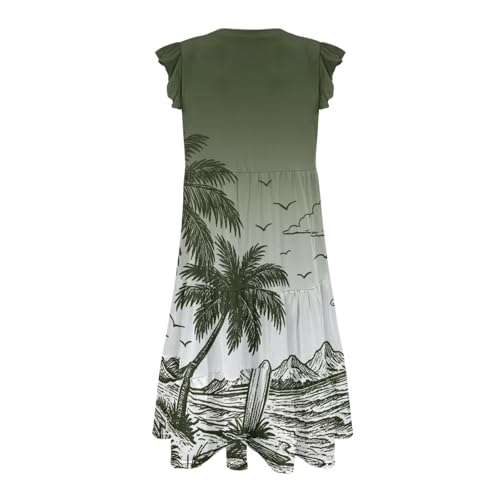 Image of Women's Casual Ruffle Sleeve Dress V Neck Pullover Dress Flowy A-Line Pleated Lightweight Dress with Pockets