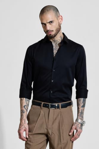 Image of SNITCH Men Formal Shirt | Slim Fit Long Sleeve Spread Collar Solid Design | Premium Cotton Blend & Breathable Fabric for Office & Casual Wear