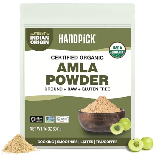 HANDPICK Organic Amla Powder (14oz) Amalaki, USDA Organic, Non-GMO | 100% Raw and Natural - Lab Tested for Purity | Indian Gooseberry Powder | Resealable Zip Lock Pouch