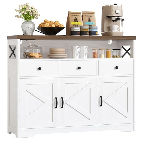 IRONCK Küchenschrank Sideboard mit Steckdose 2AC+1USB+1C, Aufbewahrungsschrank 3 Schubladen 3 Türen, Küchenbuffet Kaffeebar Schrank für Wohnzimmer Esszimmer, verstellbare Ablage 107x35x95cm (Weiß)