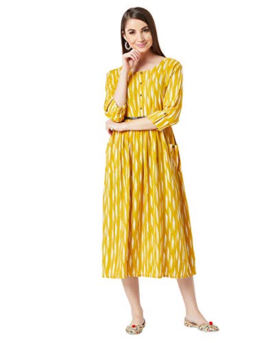Image of Miss Chase Women's Mustard Yellow Belted Printed Midi Dress