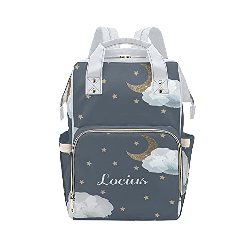 Yeshop Moon Stars Clouds Navy Personalized Diaper Bag Backpack Tote with Name,Custom Travel Nappy Mommy Bag Backpack for Baby Girl Boy Gift, 10.83 * 6.69* 15