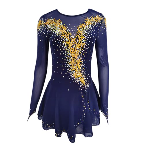 LIUHUO Figure Skating Costumes Women Blue Gold Thread Embroidered Pattern Costumes