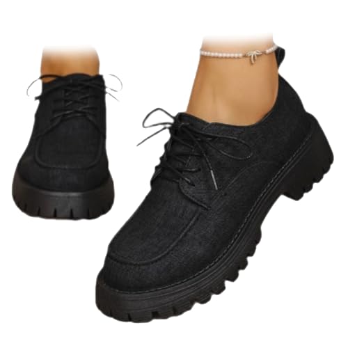 Mocasines de plataforma con cordones y puntera redonda para mujer, tacones gruesos, informales, elegantes, de negocios, cómodos, para oficina y trabajo, Black, 37 EU