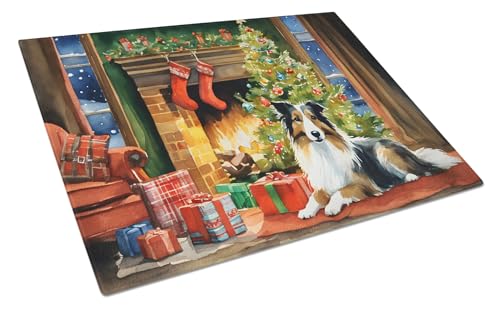 Caroline's Treasures DAC2748LCB Sheltie Cozy Christmas Glass Cutting Board Large Decorative Tempered Glass Kitchen Cutting and Serving Board Large Size Chopping Board