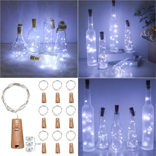 Akynite Corcho con Luces para Botellas de Cristal, Luz de Botella Vino, 20 LEDs 2M Cadenas de Guirnaldas, Tapones con Luces, Luz Corcho Decorativa para Mesa de Navidad Boda, Blanca Fria, 10 Piezas