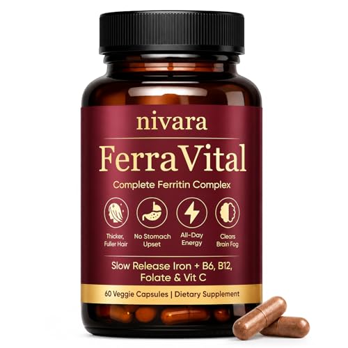 Nivara Ferravital Ferritin Supplement for Women, Iron Supplement for Women with Ferrous Glycinate, Vitamin C, B6 & B12, Supports Hair Growth, Energy & Ferritin Levels, 60 Capsules