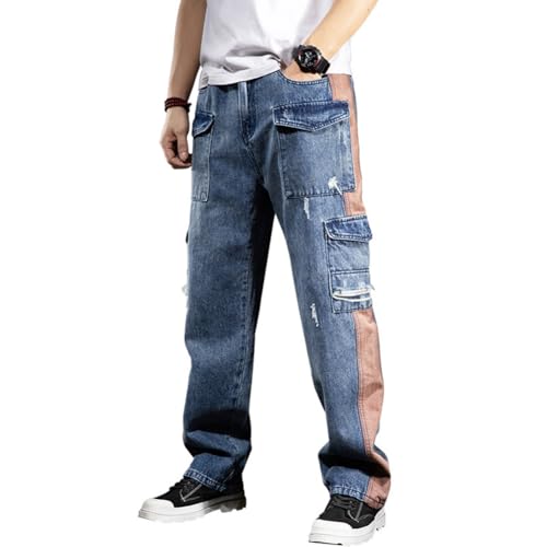 Mens Ripped Cargo Jeans Straight Leg Patchwork Denim Pants Streetwear
