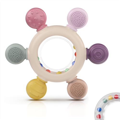 Image of akolik Teething Toys for Babies, Baby Teethers Toy Teething Ring Silicone, Grasping Teething Toy, BPA Free Teething Newborn Accessories for Baby 0 3 6 9 12 18 Months (Ringer Pink)