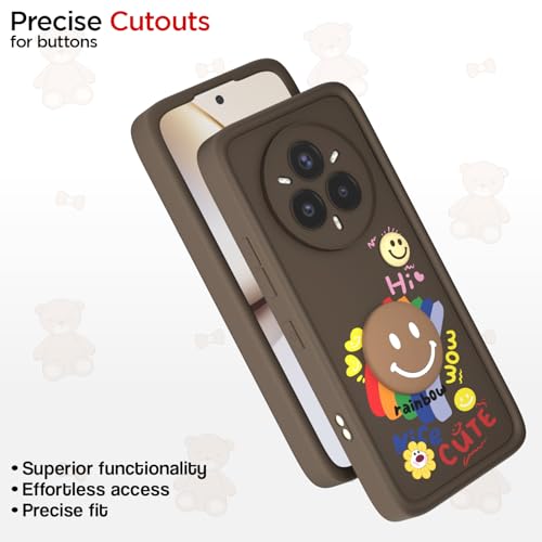 Image of Pikkme Back Cover for Realme 14 Pro Plus 5G | Soft Silicone| Cute Rainbow Smile & 3D Cartoon Flower Design | Shockproof Raised Camera Protection Bumper Case (Brown)