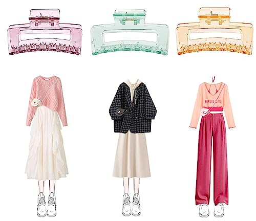 Image of 3 Pcs Korean Style Big Hair Claw Clips For Thin Thick Curly Hair Strong Hold Transparent Gloss Hair Accessories For Women & Girls