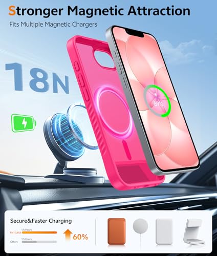 Image of FNTCASE for iPhone 17e Case: iPhone 16e Phone Case [Magnetic Stand] [Compatible with Magsafe] Translucent Matte Military Grade Shockproof Drop Protective Phone Cover,Hot Pink