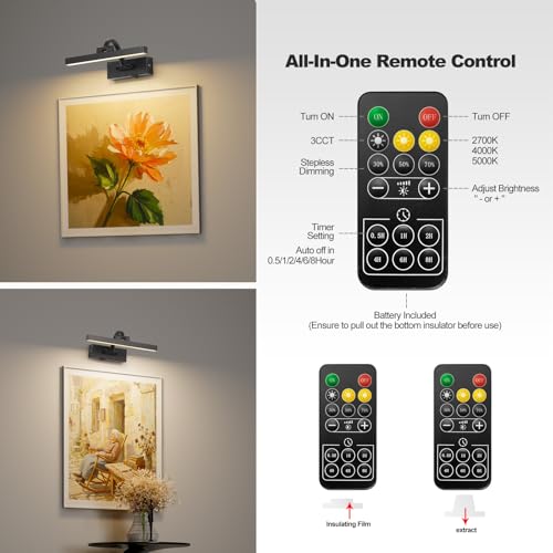 Image of LED Wireless Picture Light with Remote Control,USB Rechargeable Battery Powered Art Lights,Dimmable,Timing,Black Wall Lights for Paintings,Picture Frame,Gallery(Black, 11.62inch)