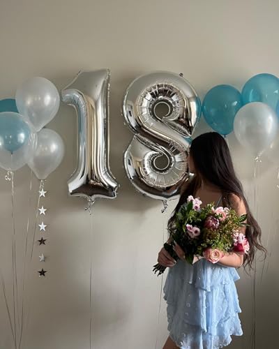 Image of Silver Number 18 Balloon 40 inch, 18 Number Balloons, 18th Silver Birthday Decorations, 18 Year Old Silver Party Supplies