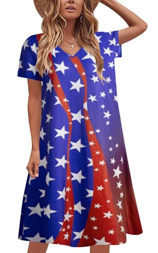 Image of LUKYCILD American Flag Dress Women 4th of July Patriotic Shirt USA Stars Stripes Dresses Sexy V- Neck Summer Sundress