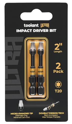 Image of toolant T20 2 inch Impact Torx Bits, 1 /4 inch Hex, S2 Steel, 2-Piece Set | Diamond-coated CNC tips grip screw heads, while strengthened magnets hold screws in tight spaces.