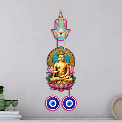 Image of Artvibes Buddha Lotus Wall Hanging with Hamsa Hand & Evil Eye Charms | Decorative Spiritual Hanging for Positive Energy | Wooden Home Decor for Living Room | Office | Religious Art Gift (WH 8597N)