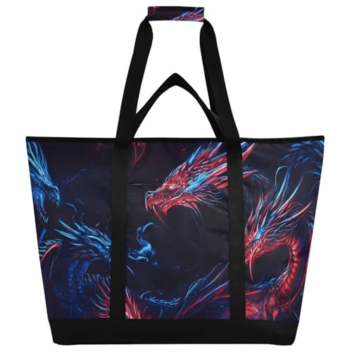 Large Insulated Tote Bag Fantasy Dragons Seamless for Grocery Shopping Reusable Tote Bags for Women Men, Cooler Bag with Zippered Top & Handles for Beach Picnic Travel