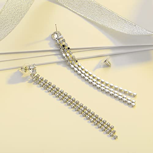 SELOVO Long 3 Chain Tassel Crystal Dangle Earring White Cubic Zirconia Bridal Jewelry3