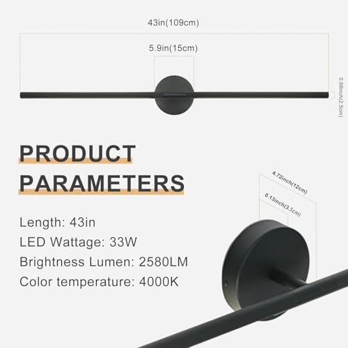Image of Matte Black Bathroom Light Fixtures Over Mirror 43 Inch, 33W 360 Rotatable Dimmable 4000K Led Vanity Light Bar, Modern Bathroom Vanity Lights Above Mirror