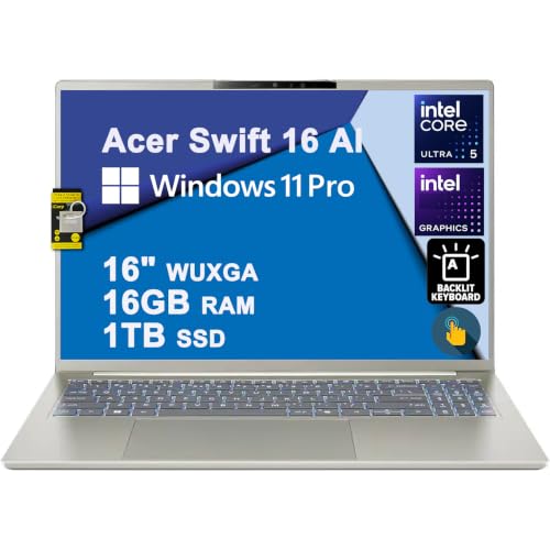 Image of Acer Swift 16 AI Laptop 16 inch WUXGA OLED Touch (100% DCI-P3) Intel 6-core Ultra 5 322 (Up to 46 Tops) 16GB DDR5 1TB SSD Backlit Thunderbolt for Creator Designer Business Professional Win11Pro ICP Hub