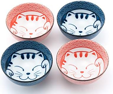 Fuji Merchandise Japanese Porcelain Multi Purpose 4.5" Diameter Bowl Set of 4 Maneki Neko Lucky Cat Meow Gift Set Made In Japan