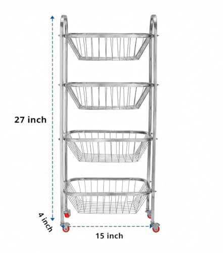 Image of Stainless Steel Modern 4 Tier Kitchen Storage Trolley with Wheels Folding Perforated Design Trolley Spice Fruits and Vegetable Onion Potato Organizer Stand Kitchen Trolley