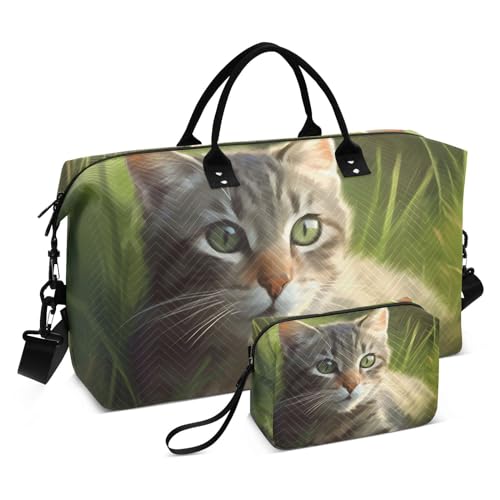 Large Travel Duffel Bag, Kitten Grass Sports Tote Gym Bag, Shoulder Weekender Overnight Bag for Women Men, Carry On Luggage with Toiletry Bags - Main Image