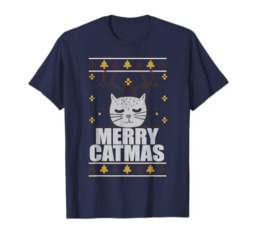 Merry Catmas Brutto maglione natalizio con renna gatto meme divertente Maglietta