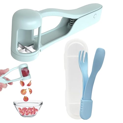Grape Cutter for Toddlers,2Pcs Grape Cutter, Stainless Steel Fruit Slicer,Spoon, Fork,Quick & Safe Kitchen Tool to Quarter Grapes, Cherry Tomatoes, Strawberries & Olives with Non-Slip Handle