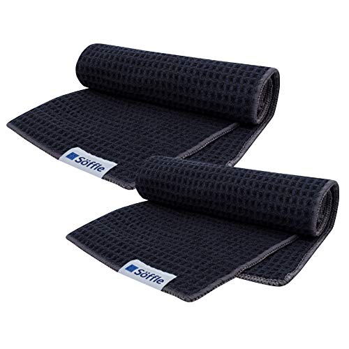 MUDHEN Soffle Waffle Golf Towels | 2 Pack | 16 X 16 with Clip | Convenient Waffle Greens Towel (Black-SLV)