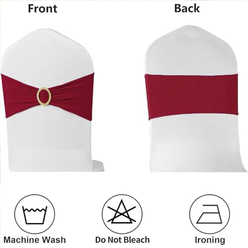 Image of Burgundy Chair Sashes 50 Pack with Gold Buckle Slider, Spandex Wine Red Chair Bands Bows for Folding Chairs Wedding Party Banquet Decor