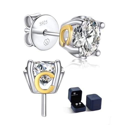 MomentWish Moissanite Stud Earrings, Christmas Gift for Her, 2 Carat Lab Created Diamond Earrings for Women, 925 Sterling Silver Initial Earrings Men Earrings Alphabet Letter Earrings