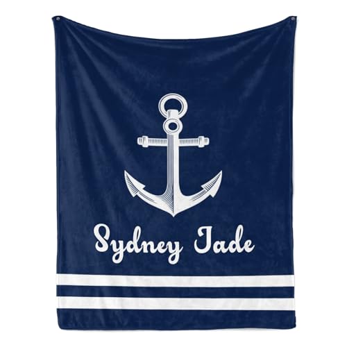 tussouMA Personalized Navy Nautical Anchor Beach Bedding Flannel Throw Blankets Custom with Name Swaddle Festival Birthday Wedding for Baby,Adult,Kids,Girls,Boys Gifts All Seasons
