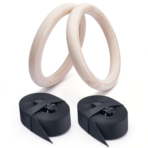 Anillas Gimnasia Y Anillas Calistenia De Madera con Correas Ajustables, LiberacióN RáPida Y Ganchos De Escalada. La Correa Exterior Mide 28 mm De Ancho, Ideal para Gimnasios Y Entrenamiento DoméStico