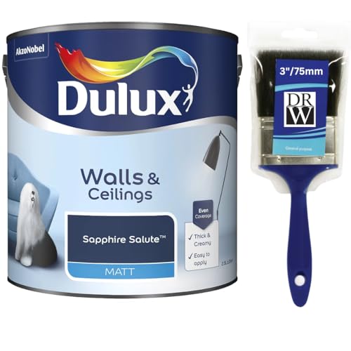 Sapphire Salute Walls & Ceilings Matt Emulsion Paint 2.5L + 3" Emulsion Paint Brush – Smooth Creamy Finish, Quick Dry, Low VOC, Easy Application for Walls & Ceilings
