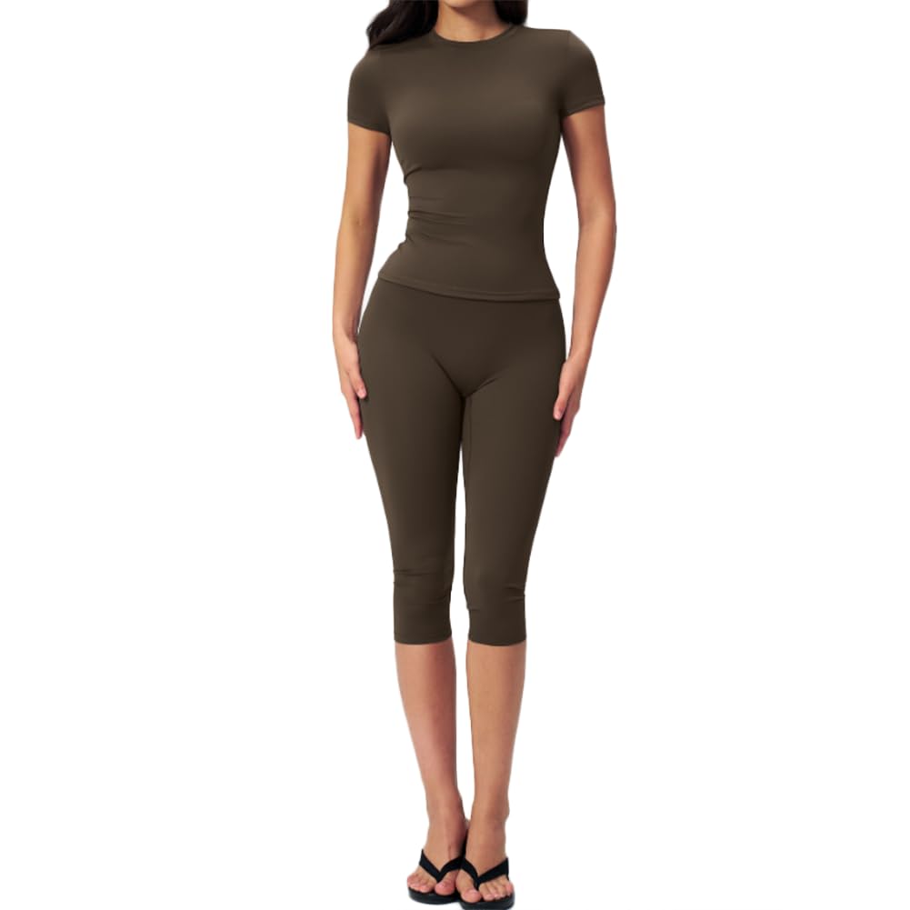 JPXJGT Breathable Tight Solid Yoga Suit Body-shaping High Waist Quick-drying Women Fitness Set Cropped Pants Sports Sets(Size:S,Color:Brown)
